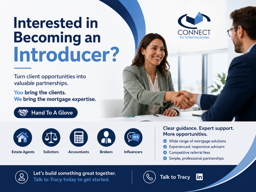 Branded Connect for Intermediaries banner showing two professionals shaking hands, with the message “Interested in Becoming an Introducer?” and icons for estate agents, solicitors, accountants, brokers, and influencers.