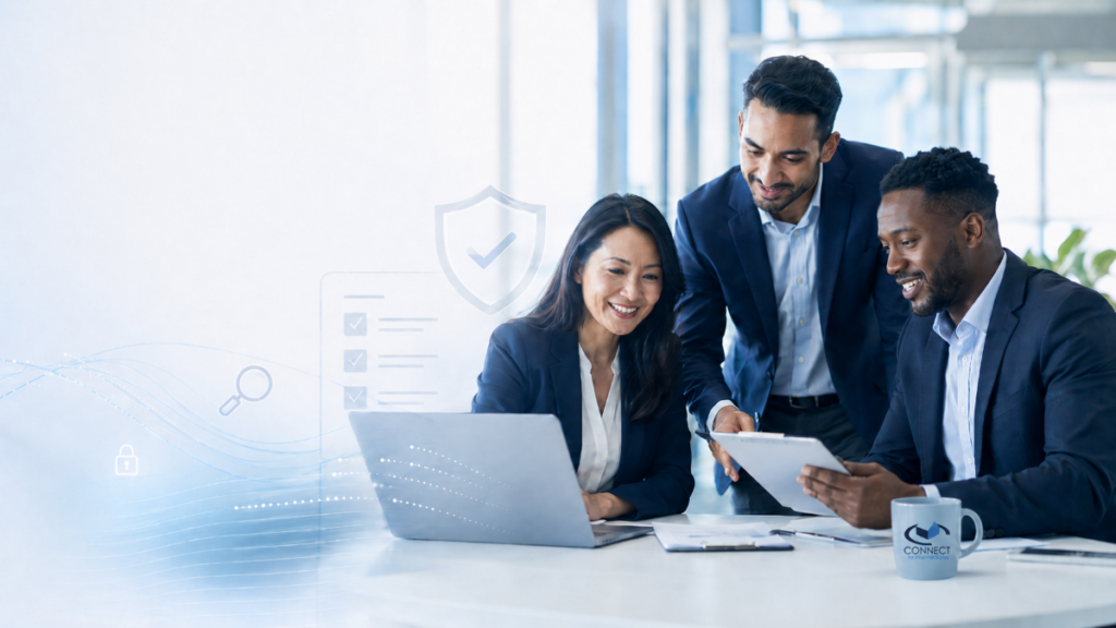 Compliance and Regulatory Support hero image showing three diverse business professionals reviewing documents and a tablet in a modern office, with subtle compliance, checklist, search and security symbols in the background, and a Connect for Intermediaries logo on the mug.
