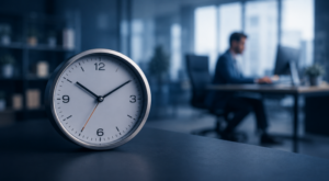Mortgage Broker Capacity illustrated by a clock in a modern office, representing adviser time, productivity and business growth.