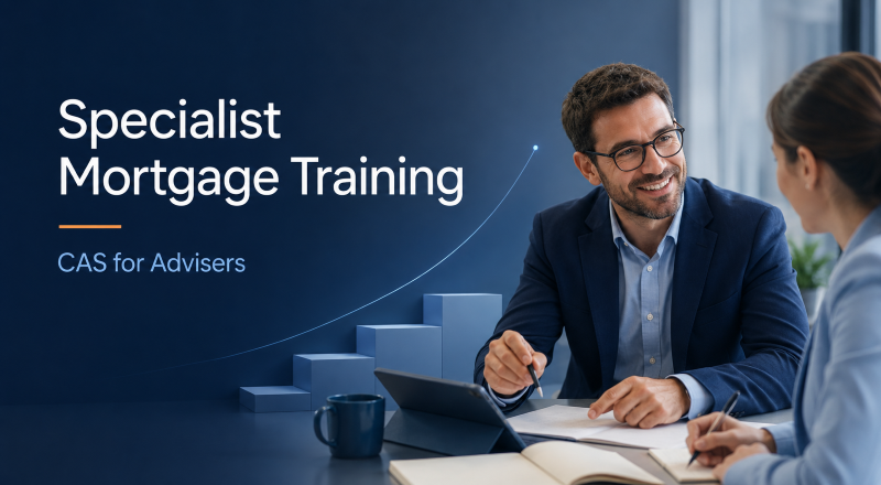 Specialist Mortgage Training for Advisers with a professional adviser meeting and learning scene in branded blue tones