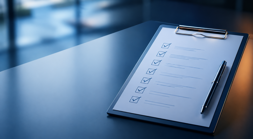 The Network Stress Test hero image showing a clean blue-toned clipboard checklist and pen, representing mortgage network evaluation, due diligence and broker decision-making.