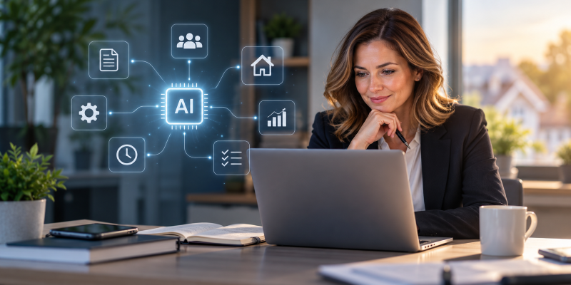 : AI for Mortgage Advisers with digital workflow icons supporting mortgage administration, compliance and adviser efficiency.