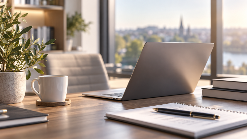 AR Support for Mortgage Advisers with laptop and workspace representing practical network support, business development and adviser progression.