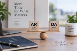 AR or DA for Mortgage Advisers illustrated by a professional office signpost comparing Appointed Representative and Directly Authorised routes, with compliance, technology, administration and business growth themes.