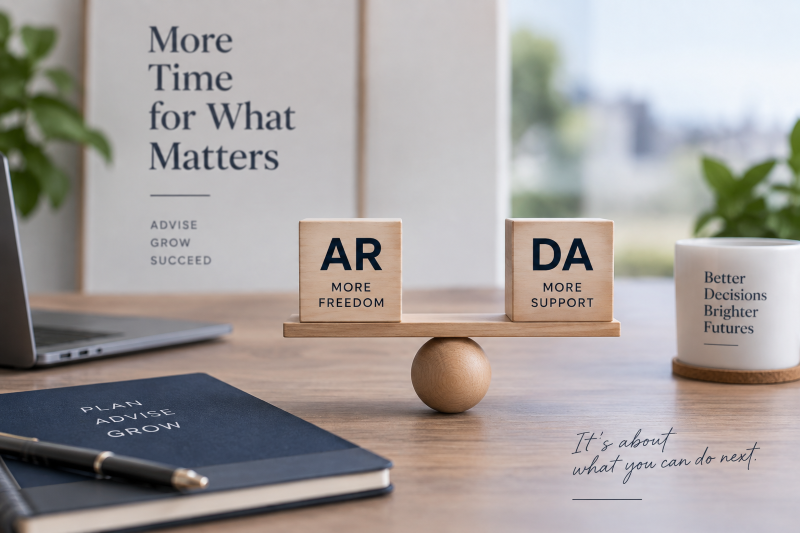 AR or DA for Mortgage Advisers illustrated by a professional office signpost comparing Appointed Representative and Directly Authorised routes, with compliance, technology, administration and business growth themes.