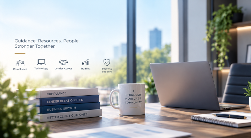 Mortgage Network Support hero image showing a modern office workspace with a laptop, compliance and business support icons, and subtle messaging about guidance, resources, people and stronger support.